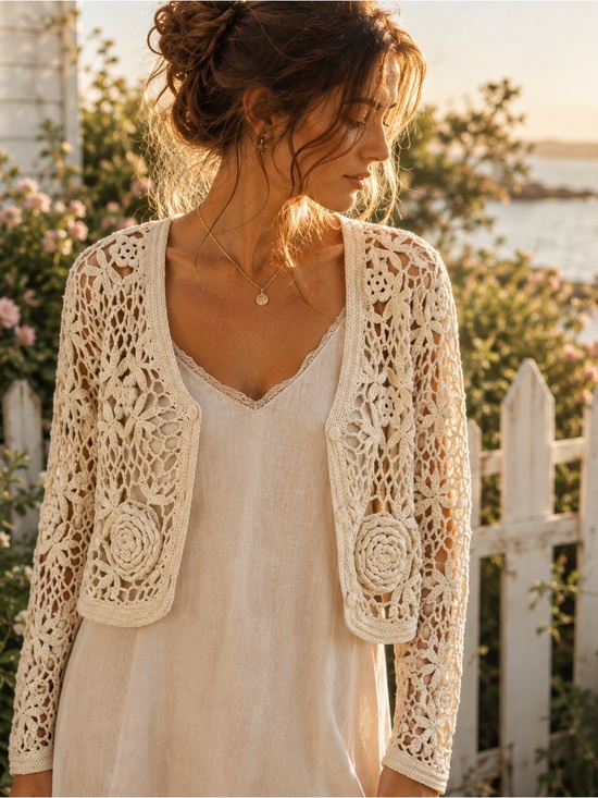 My Sweaters - Vintage 90s Crochet Floral Cardigan Ivory Boho Cottagecore Cropped Open Knit M